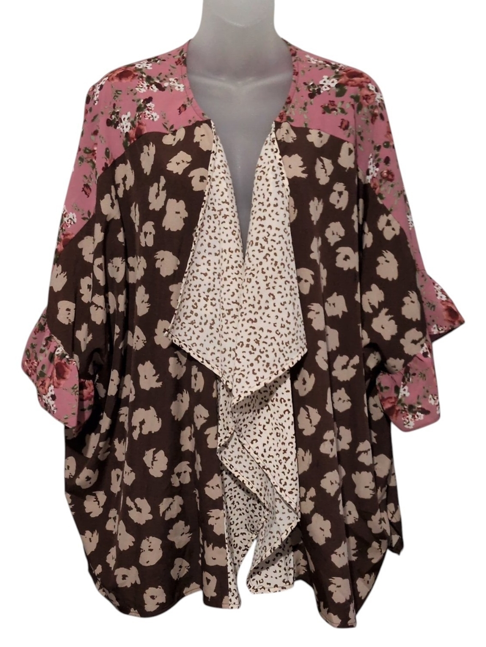 ODDY Oversized Small Runs Large Brown and Pink Mixed-Print Ruffle Sleeve Kimono